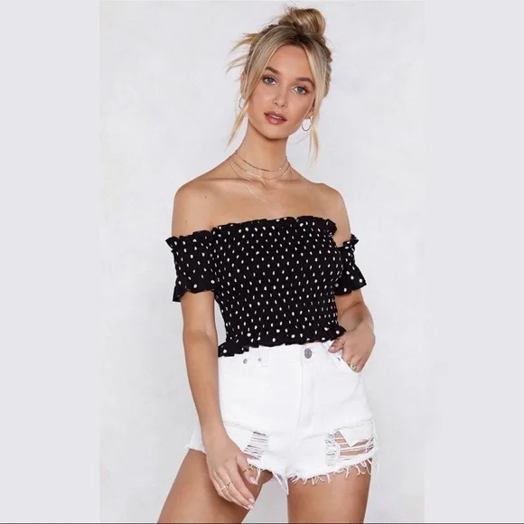 NWT NASTY GIRL BARDOT SEA YOU SOON POLKA DOT SMOCKED CROP TOP - Picture 3 of 8